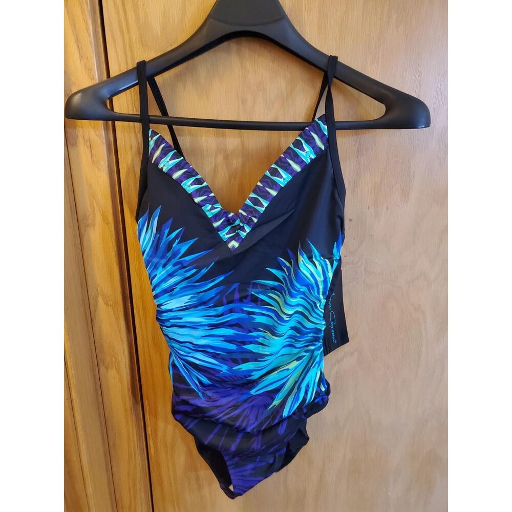 Aqua Green Women's V-Neck One Piece Swimsuit Black Print Size M